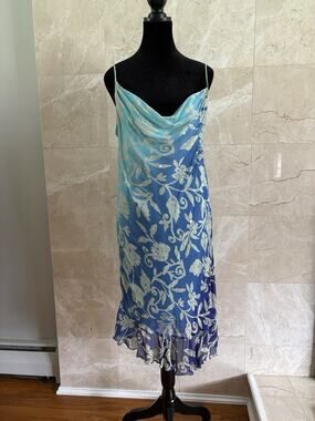VTG 90s Majick Beaded Midi Slip Dress — XL Blue Ombré Beaded Bias-Cut Cowl Neck